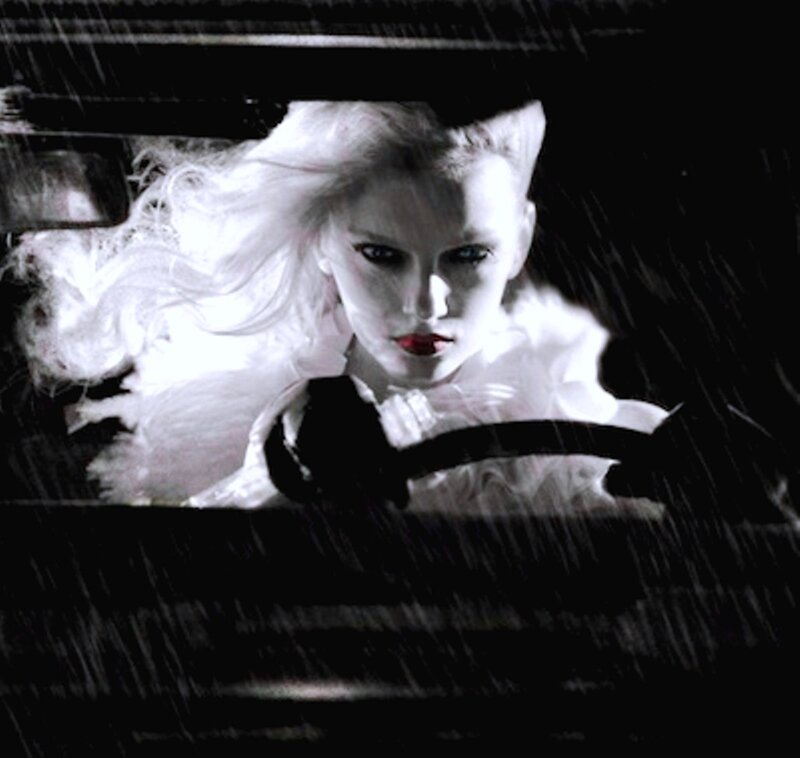 Woman with White Hair — Black, Dramatic, Night, Photograph, Car