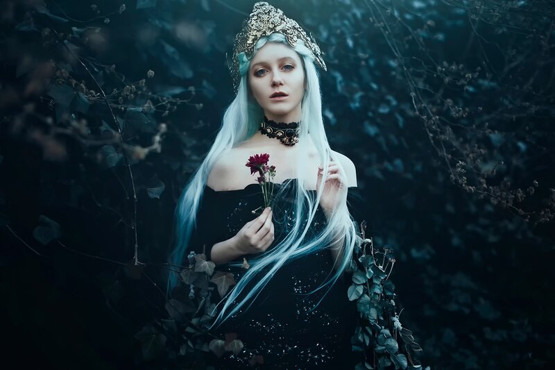 Woman with White Hair — Black, Dramatic, Night, Photograph, Crown