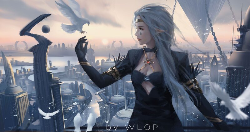 Woman with White Hair — Black, Serene, Sunset, Digital Art