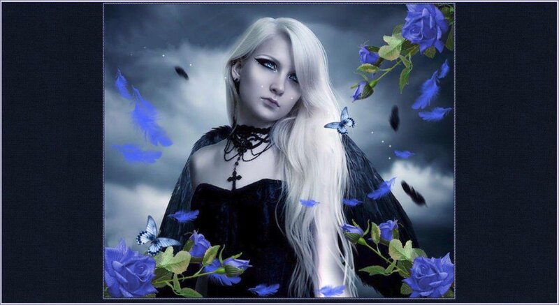 Woman with White Hair — Blue, Dramatic, Night, Digital Art, Blue Roses