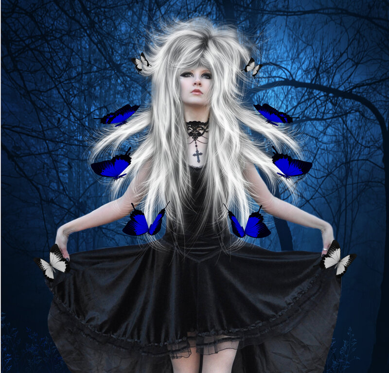 Woman with White Hair — Blue, Dramatic, Night, Digital Art, Butterflies
