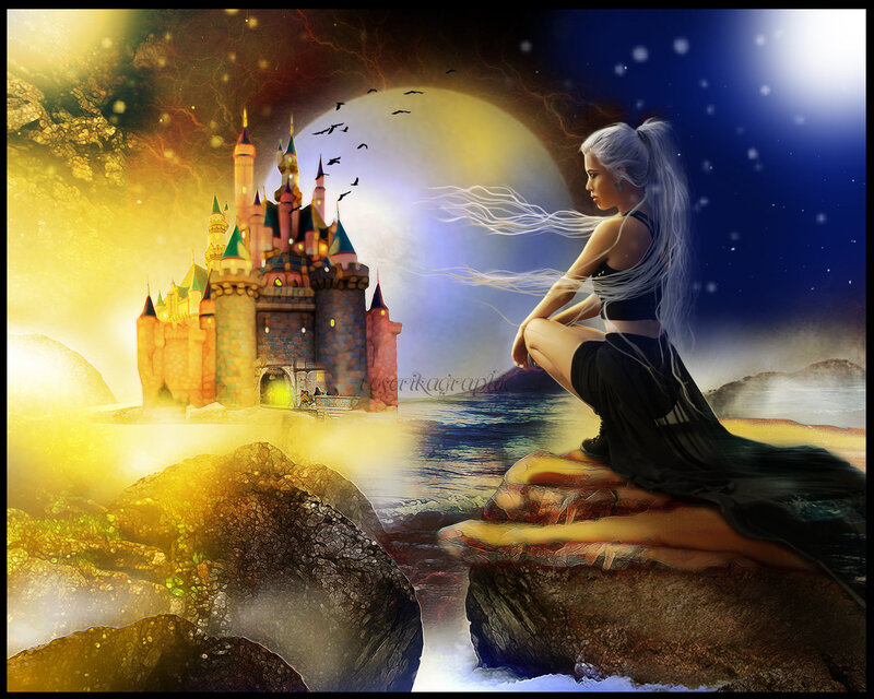 Woman with White Hair — Blue, Dramatic, Night, Digital Art, Castle