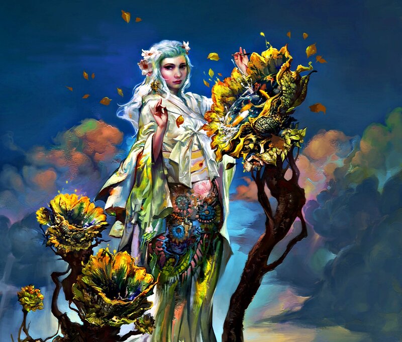 Woman with White Hair — Blue, Dramatic, Night, Digital Art, Flowers