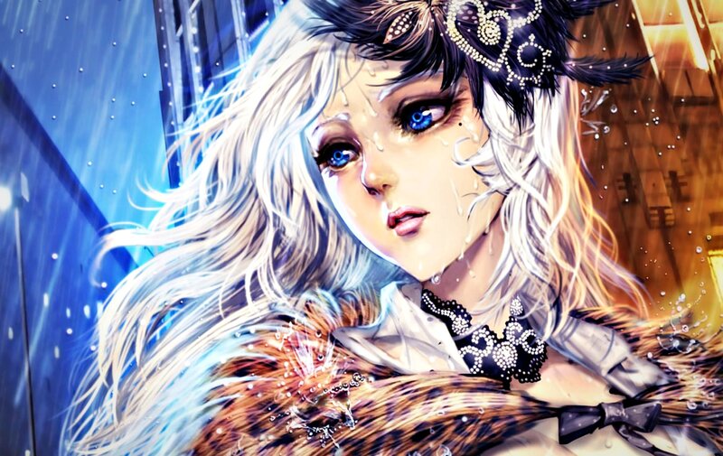 Woman with White Hair — Blue, Dramatic, Night, Digital Art, Rain