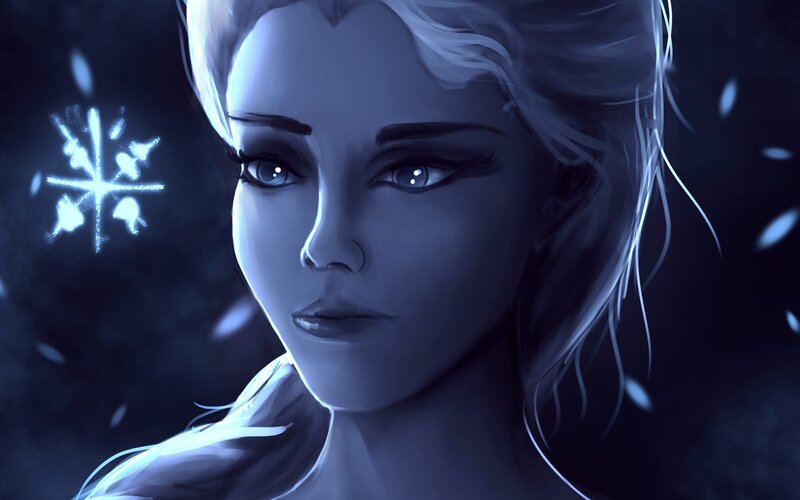 Woman with White Hair — Blue, Dramatic, Night, Digital Art, Snowflake, Eyes