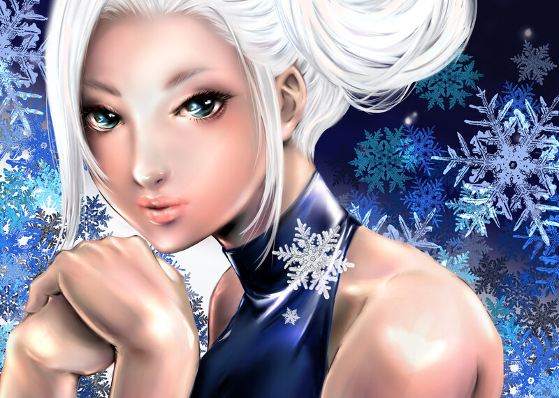 Woman with White Hair — Blue, Dramatic, Night, Digital Art, Snowflakes