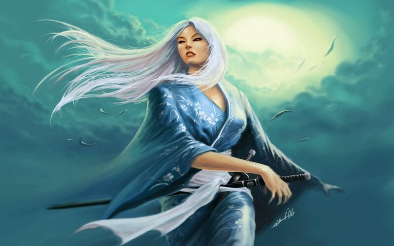 Woman with White Hair — Blue, Dramatic, Night, Digital Art, Sword, Clouds, Birds