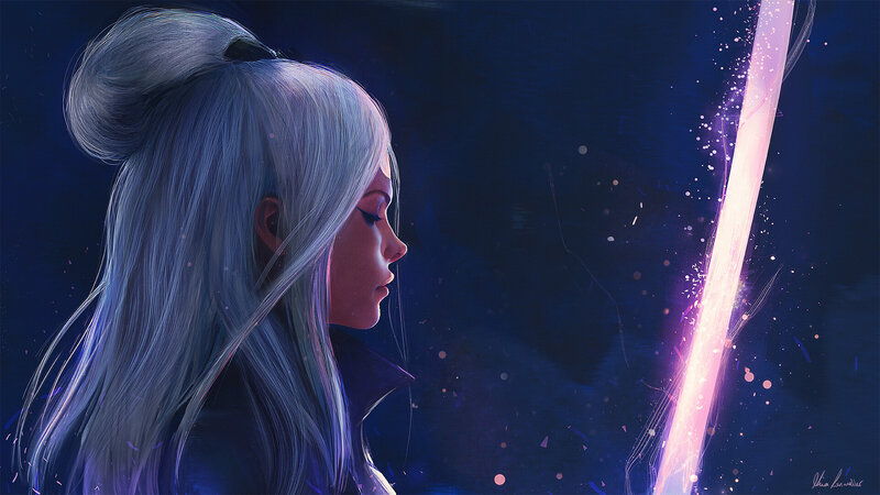 Woman with White Hair — Blue, Dramatic, Night, Digital Art, Sword, Light Beam