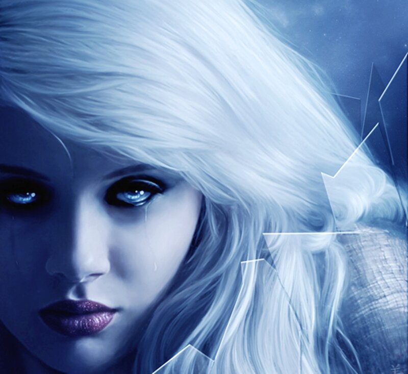 Woman with White Hair — Blue, Dramatic, Night, Digital Art, Tears