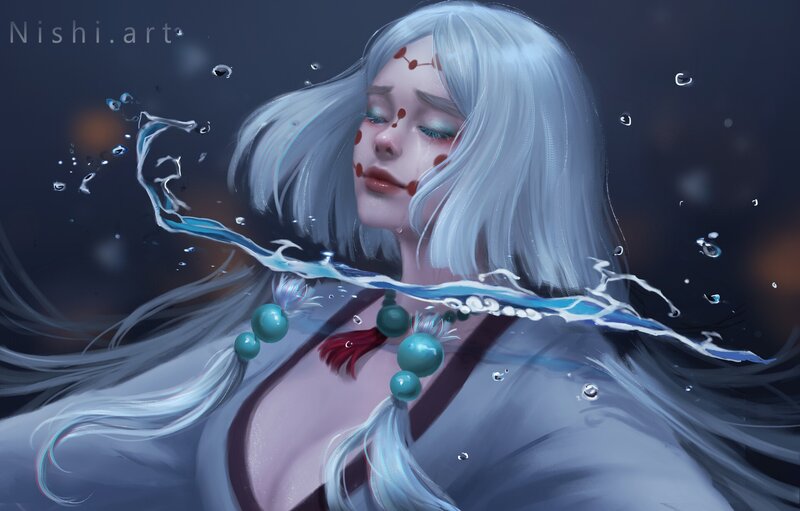 Woman with White Hair — Blue, Dramatic, Night, Digital Art, Water