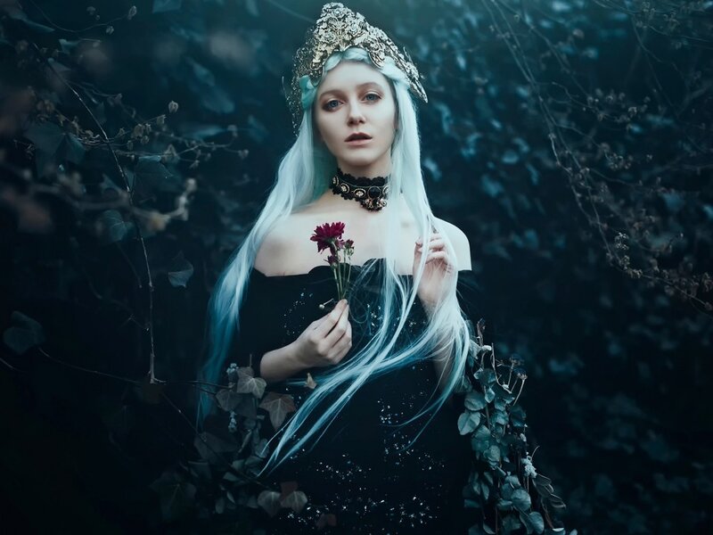 Woman with White Hair — Blue, Dramatic, Night, Photograph