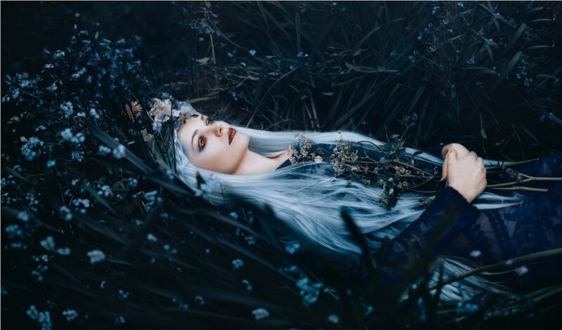 Woman with White Hair — Blue, Dreamy, Night, Photograph