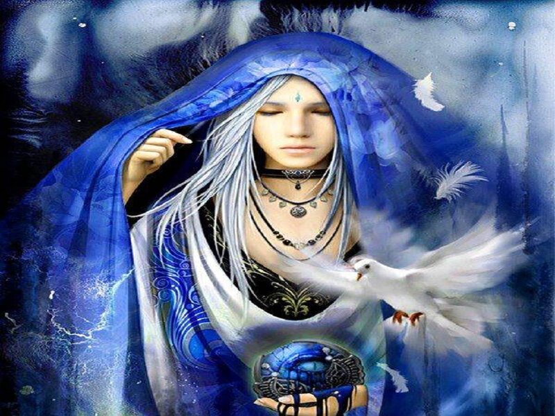 Woman with White Hair — Blue, Serene, Digital Art, Dove