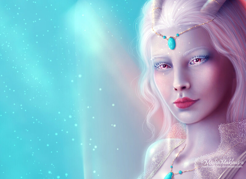 Woman with White Hair — Blue, Serene, Digital Art, Headband