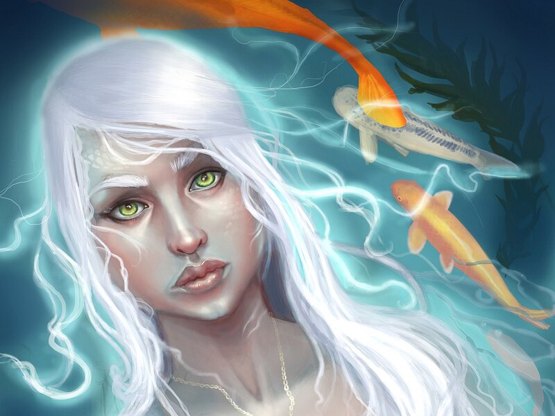 Woman with White Hair — Blue, Serene, Digital Art, Koi Fish