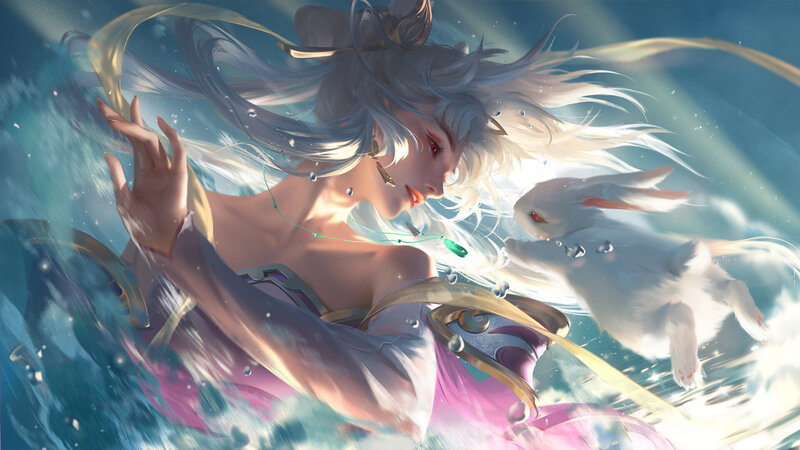Woman with White Hair — Blue, Serene, Digital Art, Rabbit