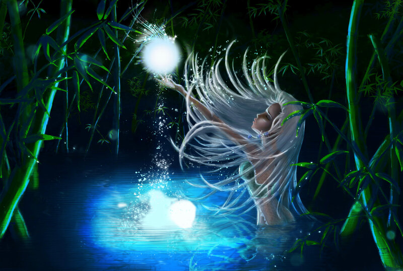Woman with White Hair — Blue, Serene, Night, Digital Art, Bamboo