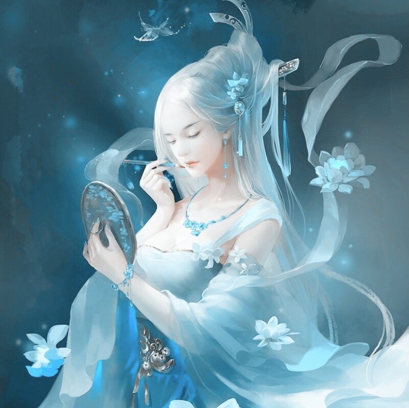 Woman with White Hair — Blue, Serene, Night, Digital Art, Mirror