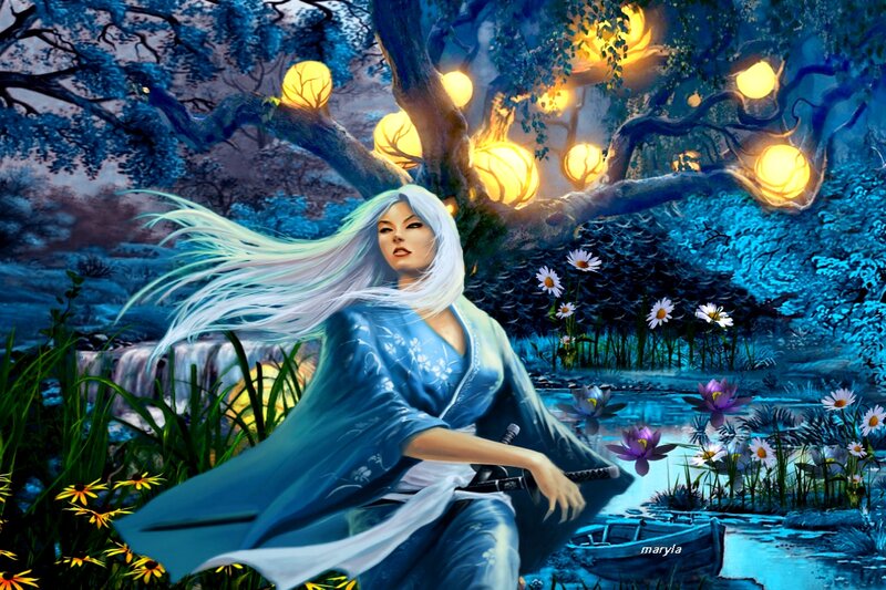 Woman with White Hair — Blue, Serene, Night, Digital Art, Tree