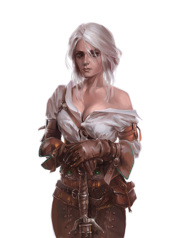 Woman with White Hair — Brown, Serious, Digital Art