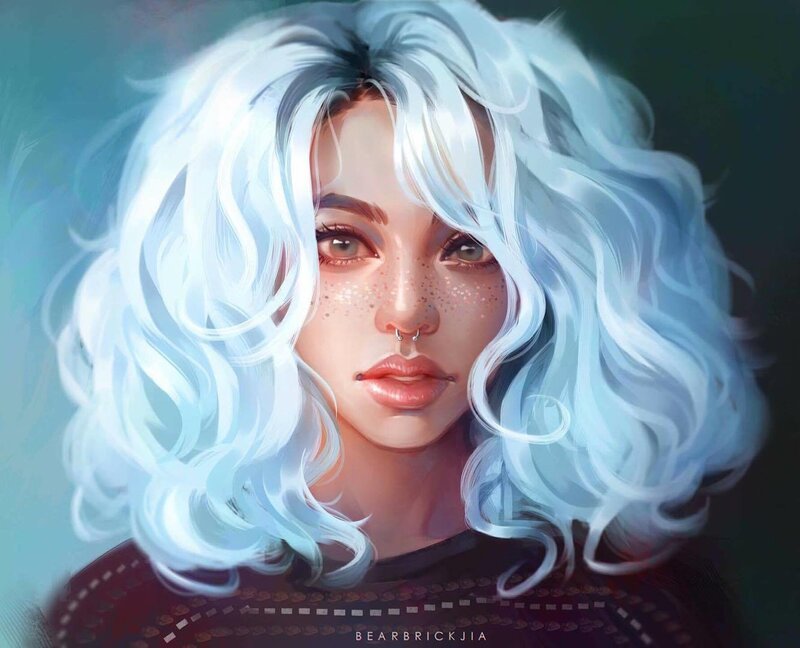 Woman with White Hair — Calm, Digital Art, Nose Ring
