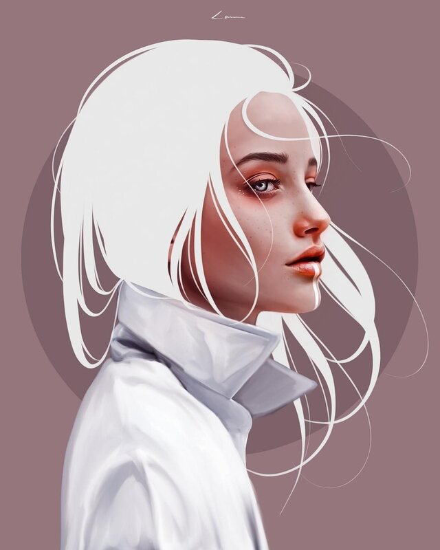Woman with White Hair — Calm, Digital Art, White Shirt