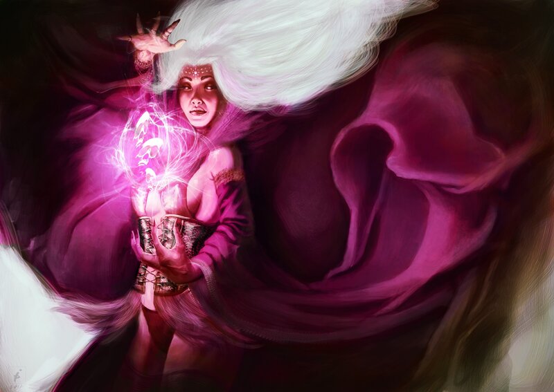 Woman with White Hair Casting Spell — Purple, Dramatic