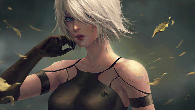 Woman with White Hair — Dramatic, Autumn, Digital Art, Falling Leaves