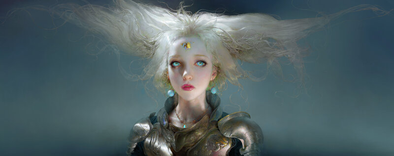 Woman with White Hair — Dramatic, Digital Art, Armor, Jewelry