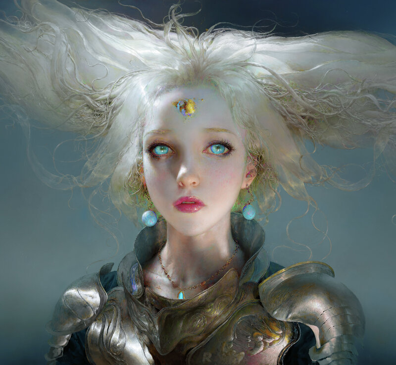 Woman with White Hair — Dramatic, Digital Art, Armor