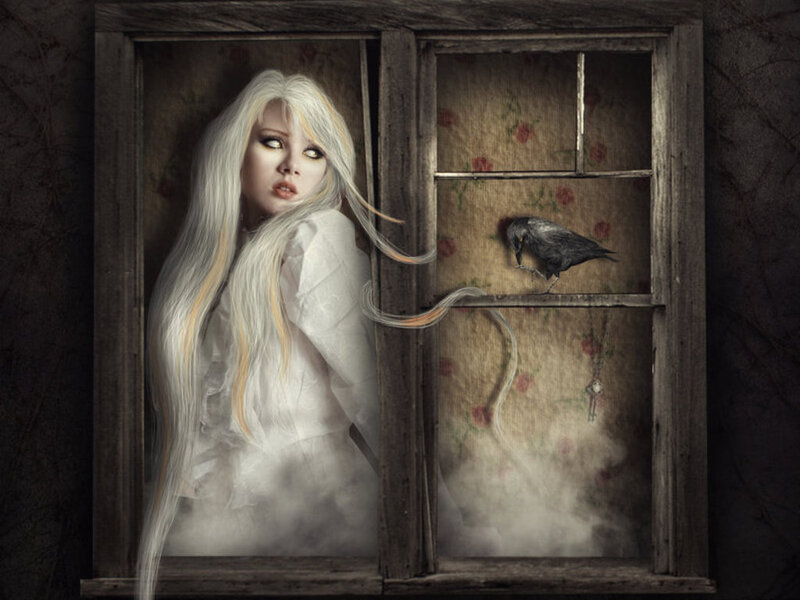 Woman with White Hair — Dramatic, Digital Art, Bird