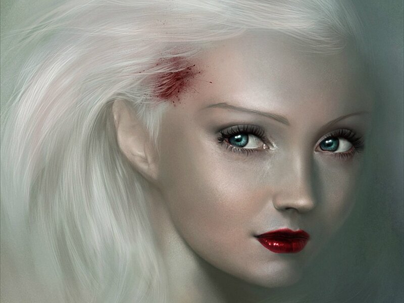 Woman with White Hair — Dramatic, Digital Art, Blood, Red Lipstick