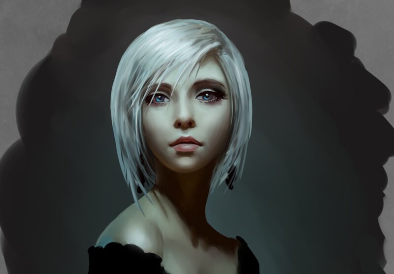 Woman with White Hair — Dramatic, Digital Art, Blue Eyes, Black Top