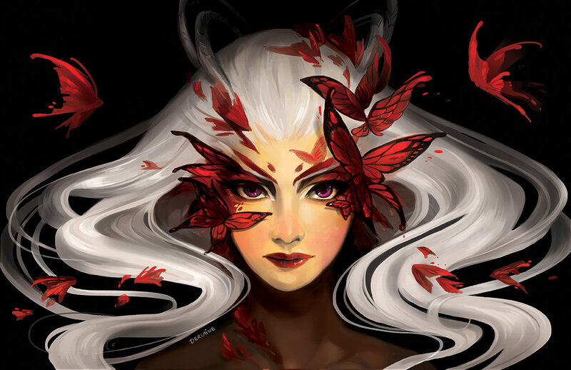 Woman with White Hair — Dramatic, Digital Art, Butterflies