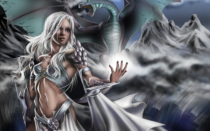 Woman with White Hair — Dramatic, Digital Art, Dragon, Mountains