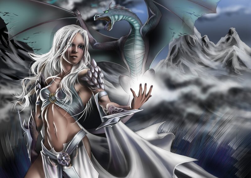 Woman with White Hair — Dramatic, Digital Art, Dragon, Mountains, Wings