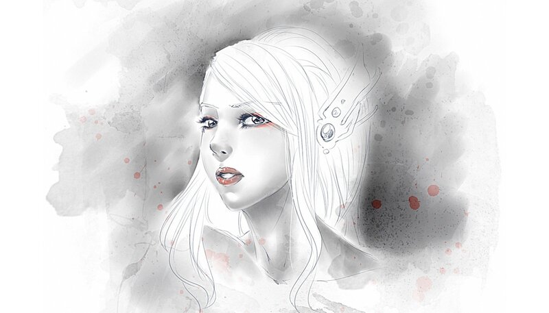 Woman with White Hair — Dramatic, Digital Art, Earpiece