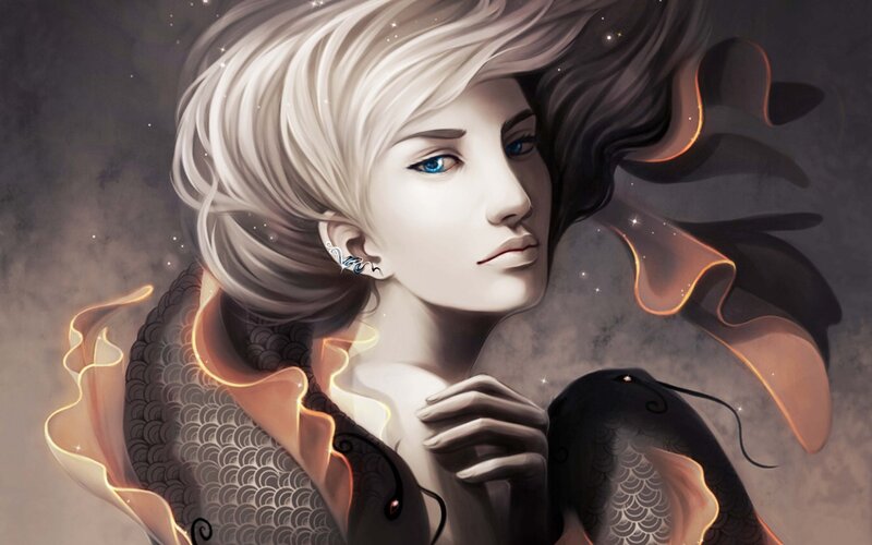 Woman with White Hair — Dramatic, Digital Art, Earring, Fish