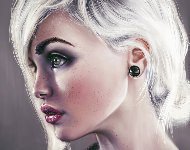 Woman with White Hair — Dramatic, Digital Art, Earring, Freckles