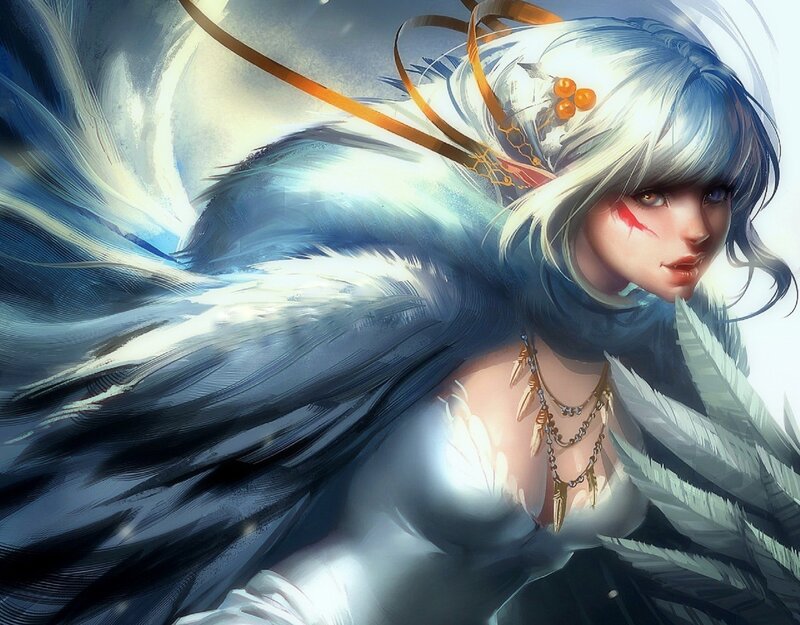 Woman with White Hair — Dramatic, Digital Art, Feathers, Necklace