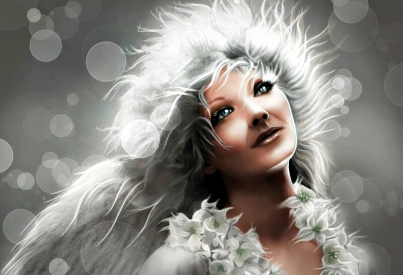 Woman with White Hair — Dramatic, Digital Art, Flowers, Bokeh