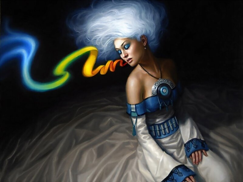Woman with White Hair — Dramatic, Digital Art, Glowing Ribbon