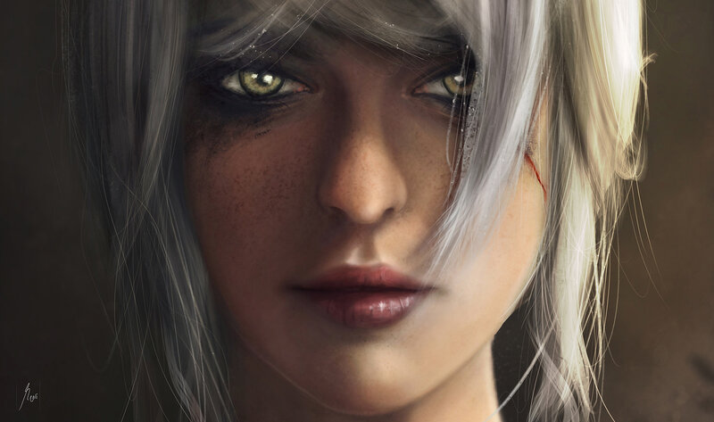 Woman with White Hair — Dramatic, Digital Art, Green Eyes, Scar