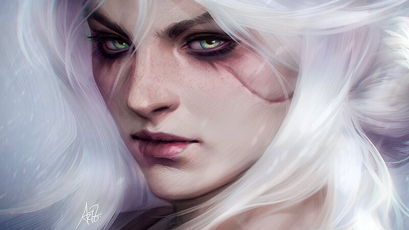 Woman with White Hair — Dramatic, Digital Art, Green Eyes