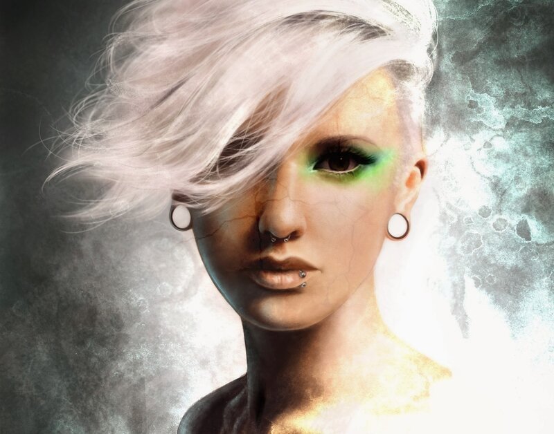 Woman with White Hair — Dramatic, Digital Art, Green Eyeshadow
