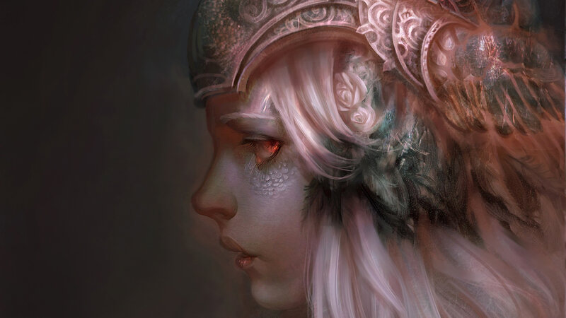 Woman with White Hair — Dramatic, Digital Art, Helmet, Eyes