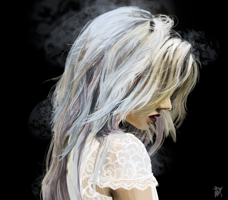 Woman with White Hair — Dramatic, Digital Art, Lace Dress