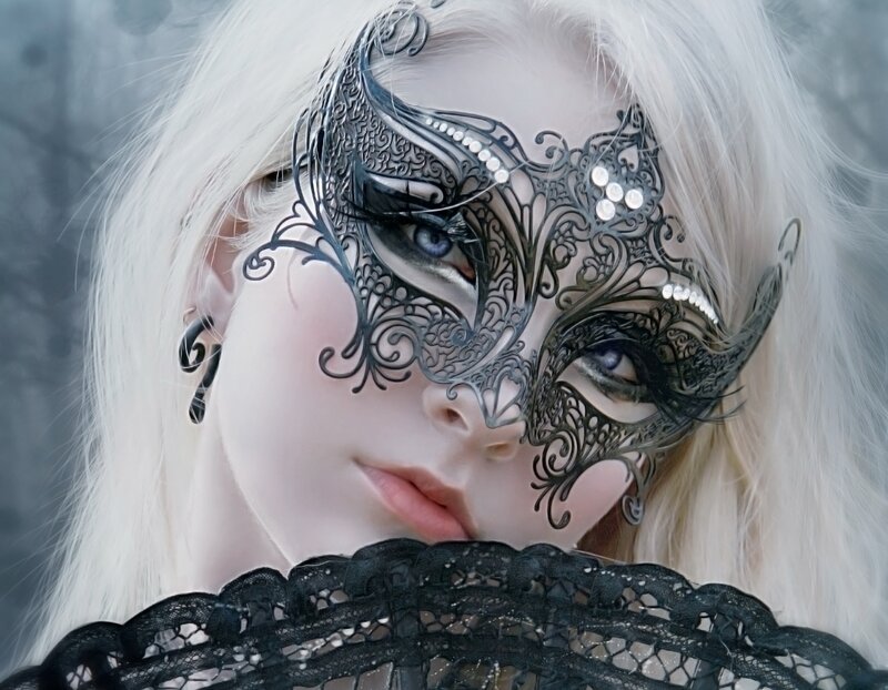 Woman with White Hair — Dramatic, Digital Art, Mask, Lace