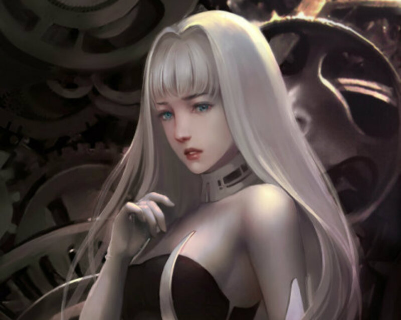 Woman with White Hair — Dramatic, Digital Art, Mechanical Gears