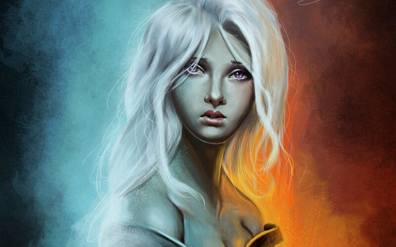 Woman with White Hair — Dramatic, Digital Art, Purple Eyes
